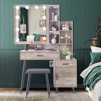 FCH Particleboard Triamine Veneer Iron Legs 2 Drawers 1 Door 2 Shelves Mirror Cabinet 3 Light Bulbs Dressing Table Set Grey