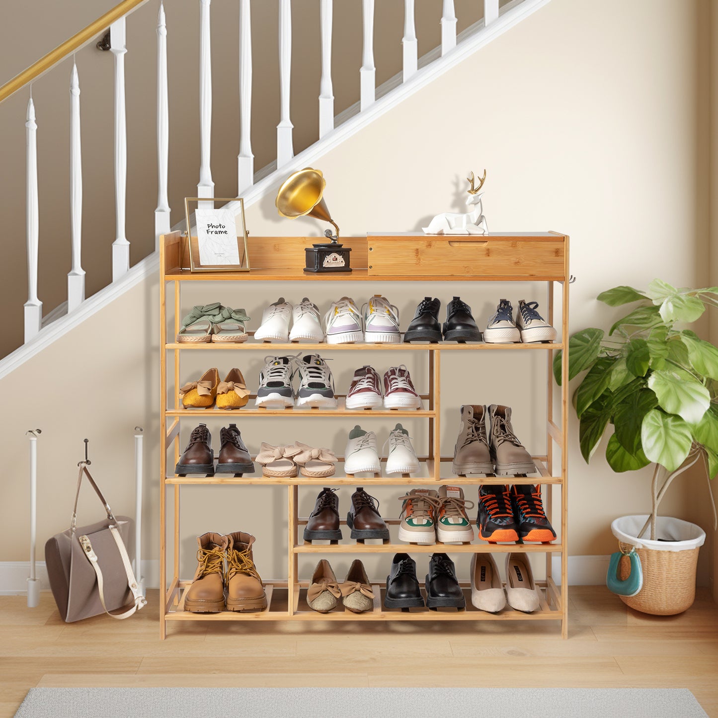 6-Layer Shoe Rack with 2 Drawers, Bamboo Color