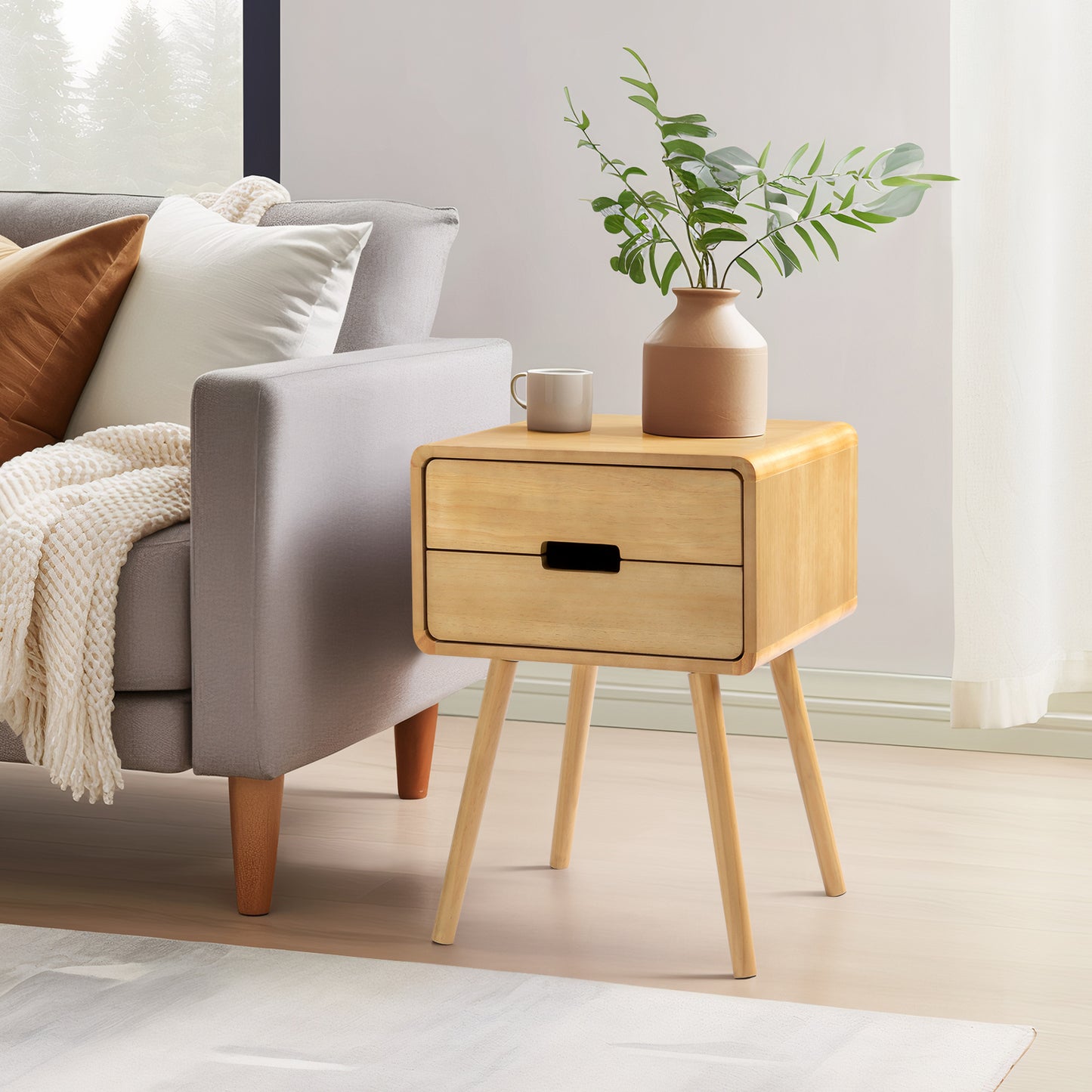 Wood Nightstand End Side Table with Drawer & Solid Wood Legs for Living Room, Bedroom