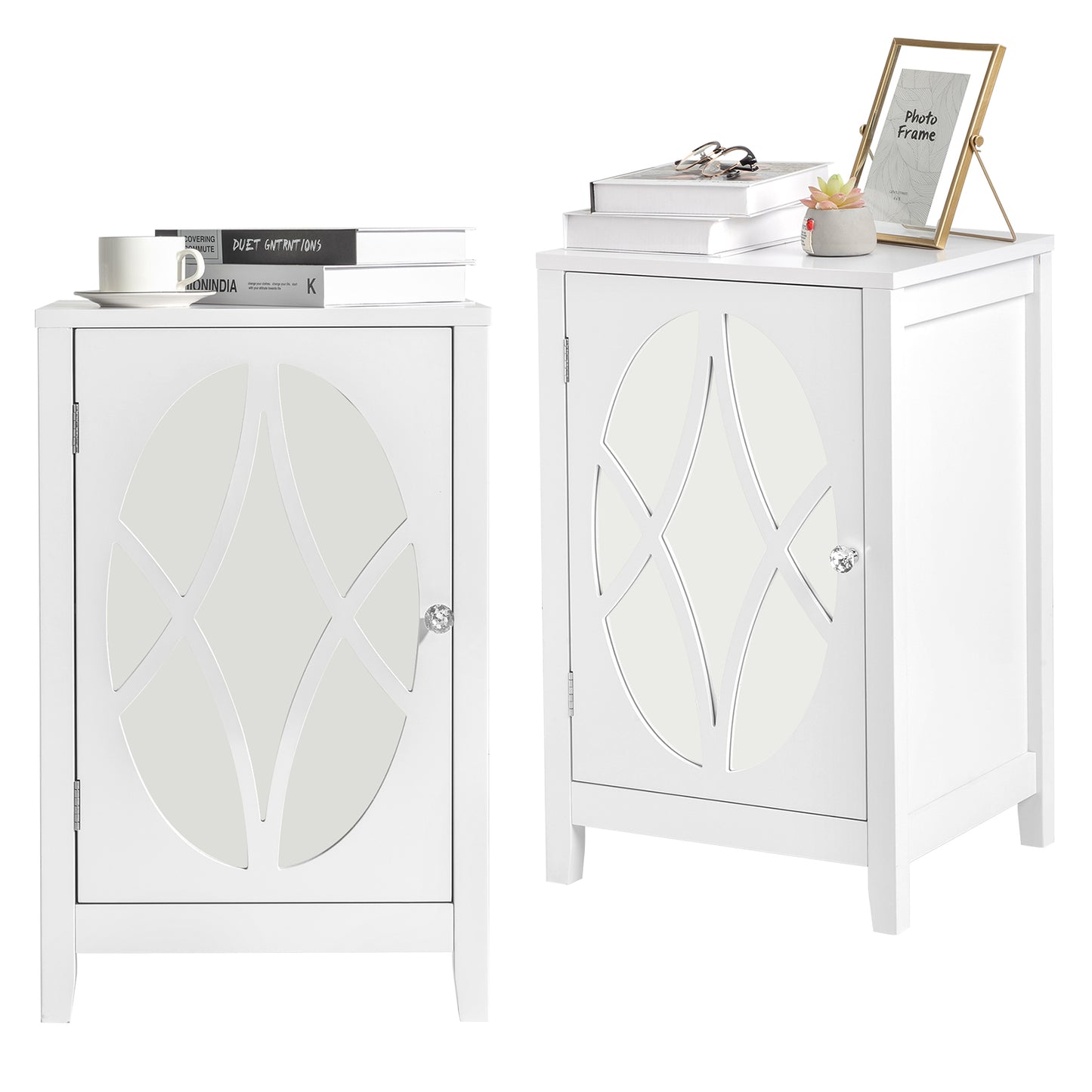 FCH 2pcs 38*33*60cm Density Board Spray Paint Smoked Mirror Single Door Carved Bedside Table White