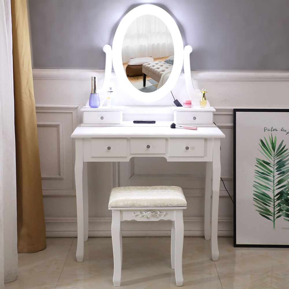 FCH With Light Bulb Single Mirror 5 Drawer Dressing Table White（=60709581）