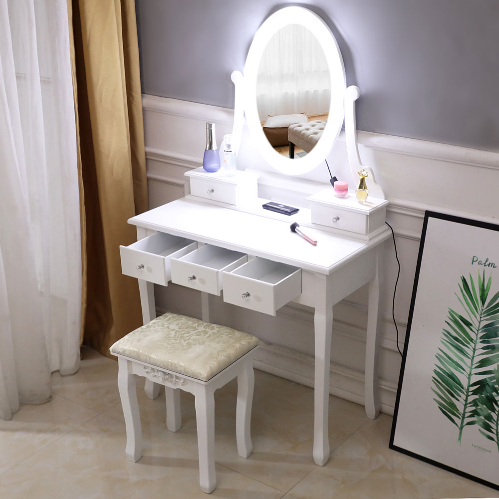 FCH With Light Bulb Single Mirror 5 Drawer Dressing Table White（=60709581）