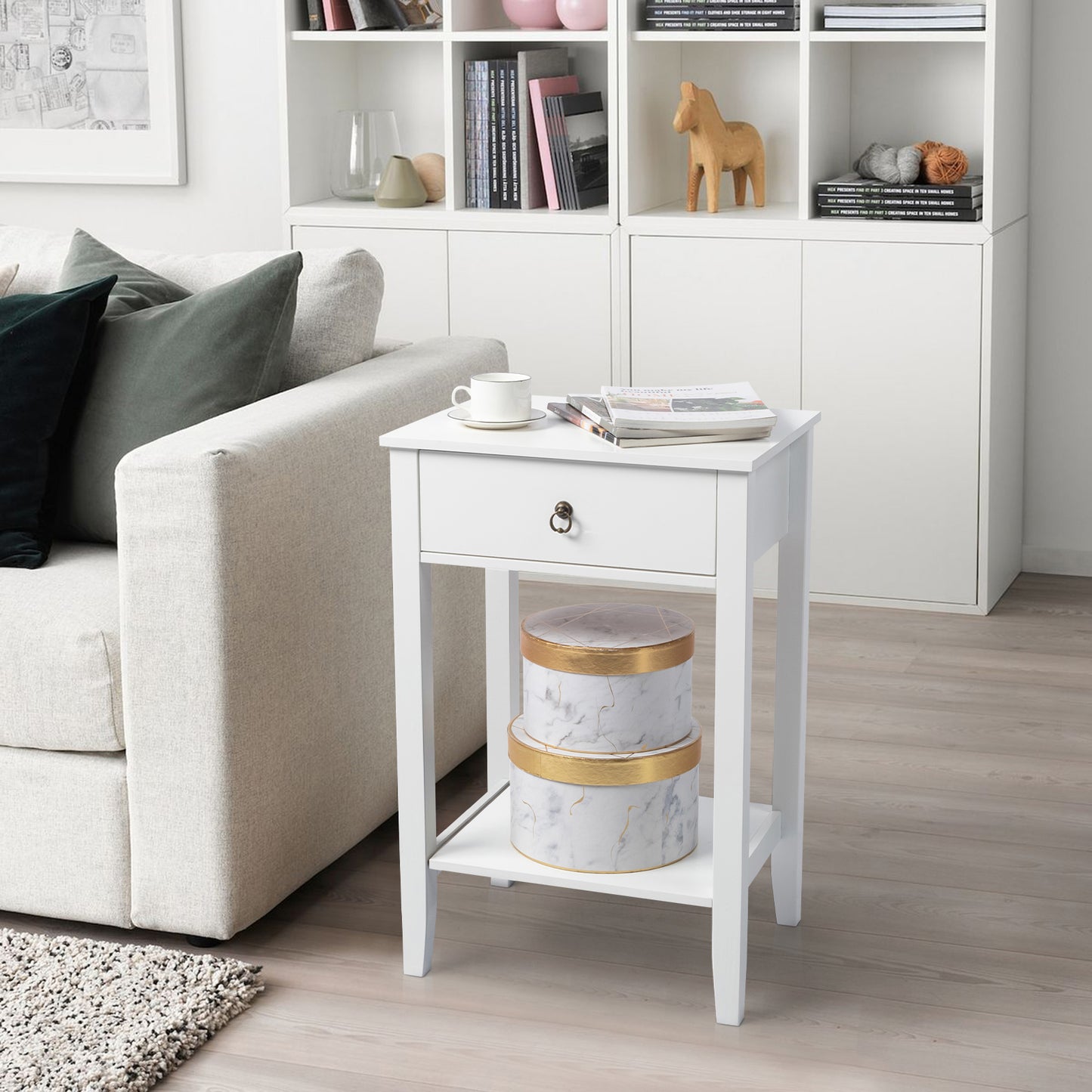 FCH Two-layer Bedside Cabinet Coffee Table with Drawer White