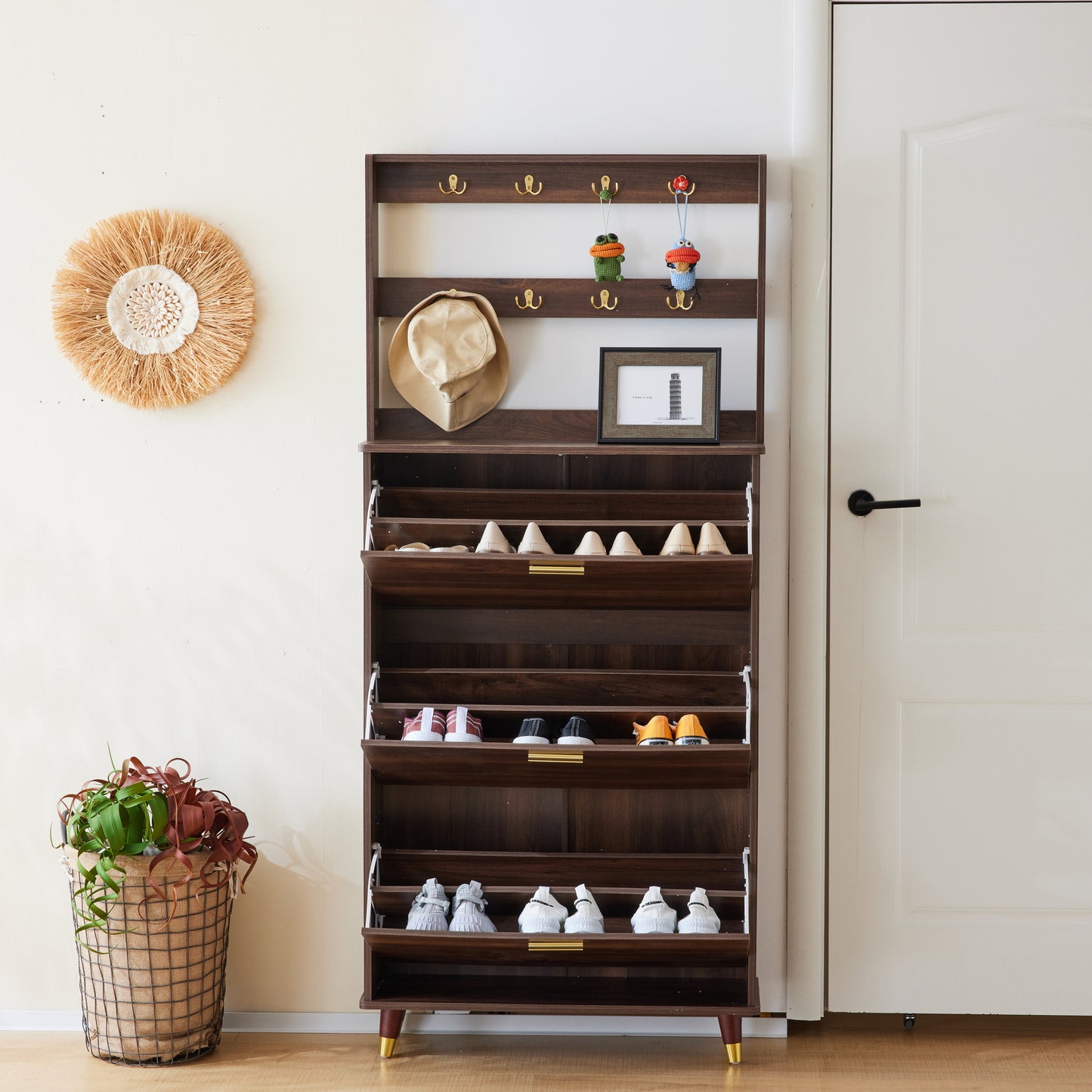 Entryway Bedroom Armoire,Shoe Cabinet,Wardrobe Armoire Closet, Drawers and Shelves,  Handles,  Hanging Rod, Brown