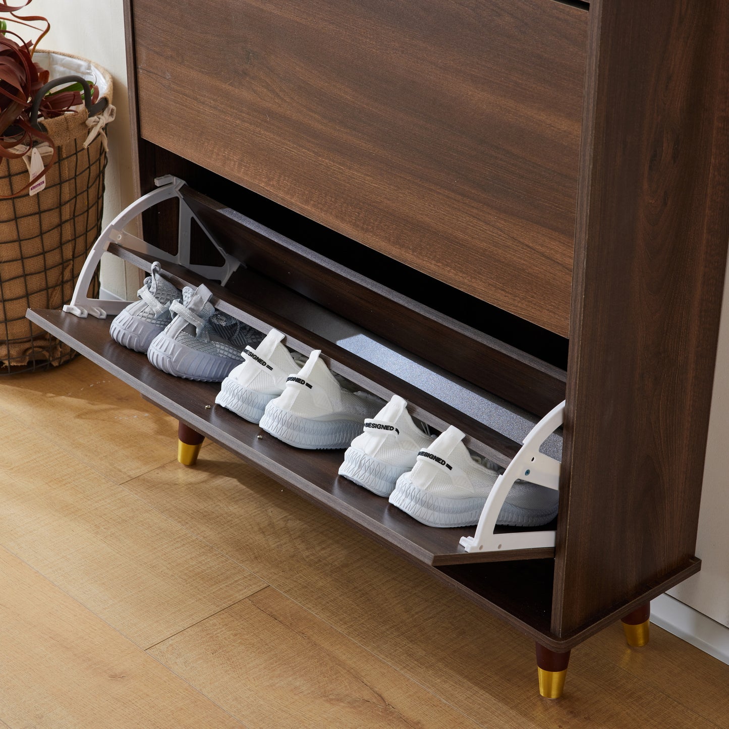 Entryway Bedroom Armoire,Shoe Cabinet,Wardrobe Armoire Closet, Drawers and Shelves,  Handles,  Hanging Rod, Brown