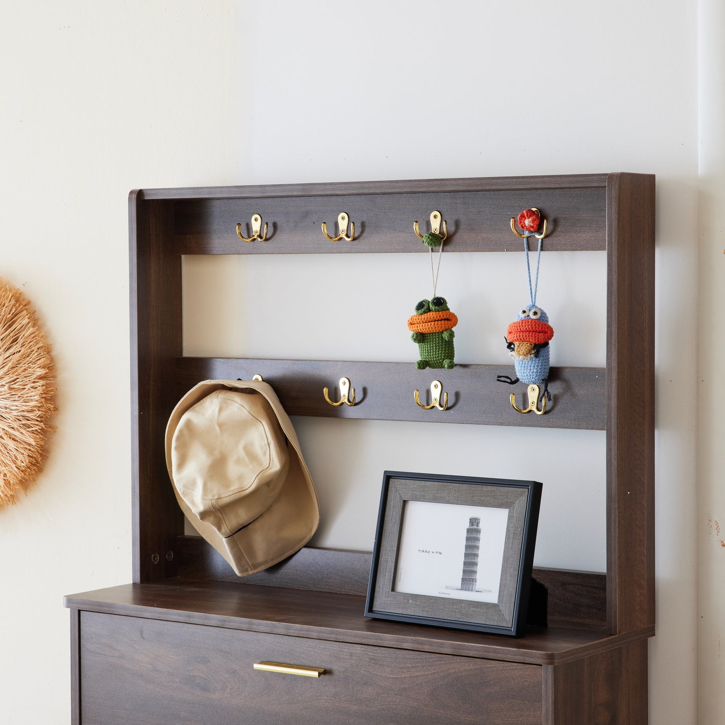 Entryway Bedroom Armoire,Shoe Cabinet,Wardrobe Armoire Closet, Drawers and Shelves,  Handles,  Hanging Rod, Brown