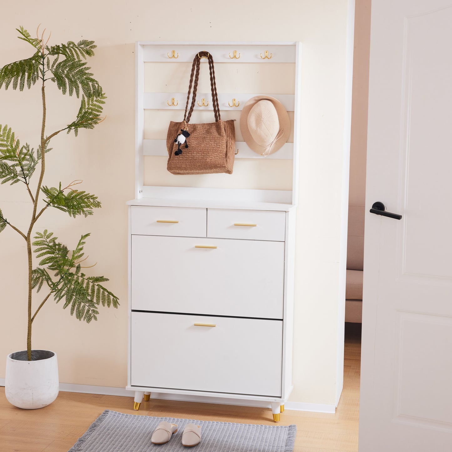 Entryway Bedroom Armoire,Shoe Cabinet,Wardrobe Armoire Closet, Drawers and Shelves,  Handles,  Hanging Rod, white