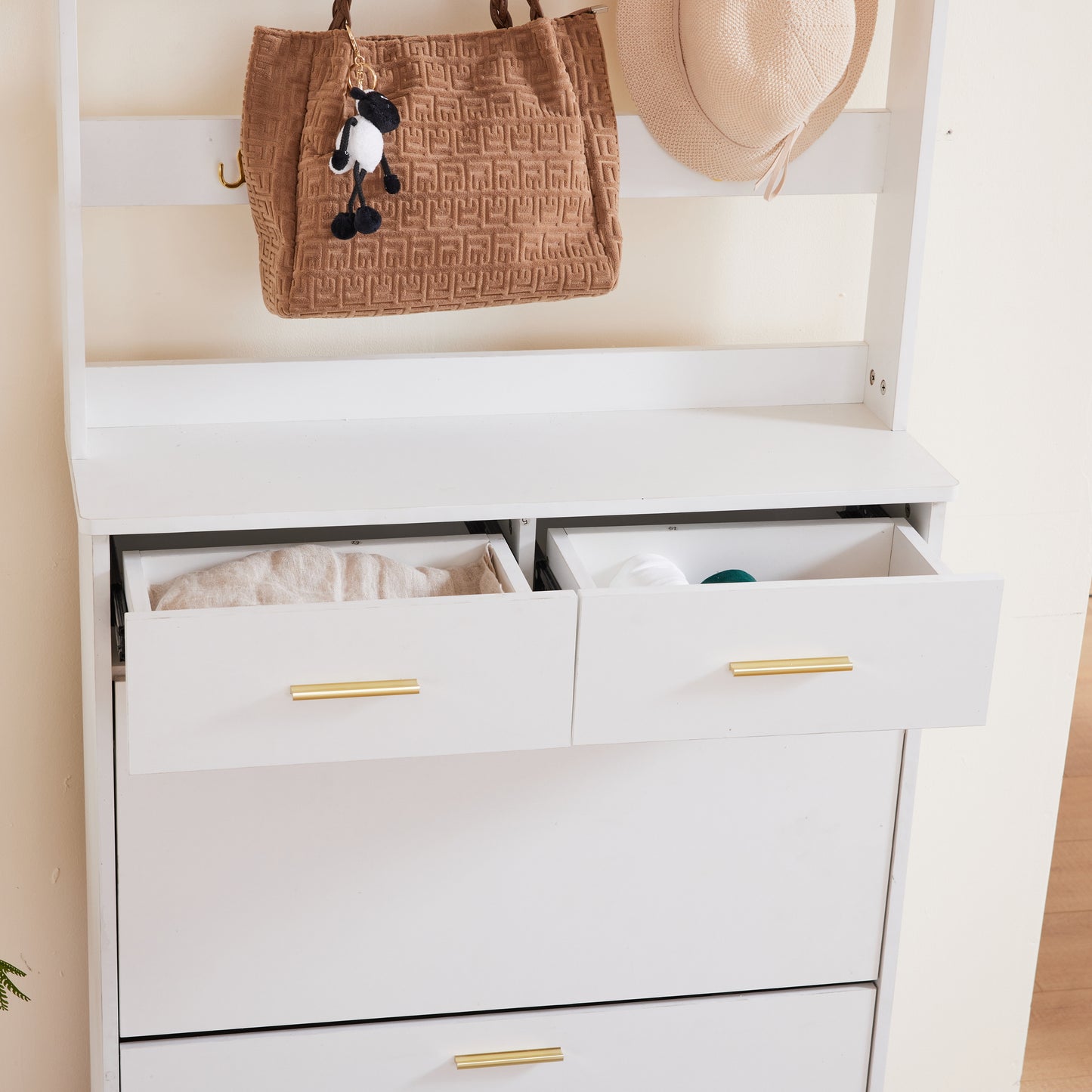 Entryway Bedroom Armoire,Shoe Cabinet,Wardrobe Armoire Closet, Drawers and Shelves,  Handles,  Hanging Rod, white