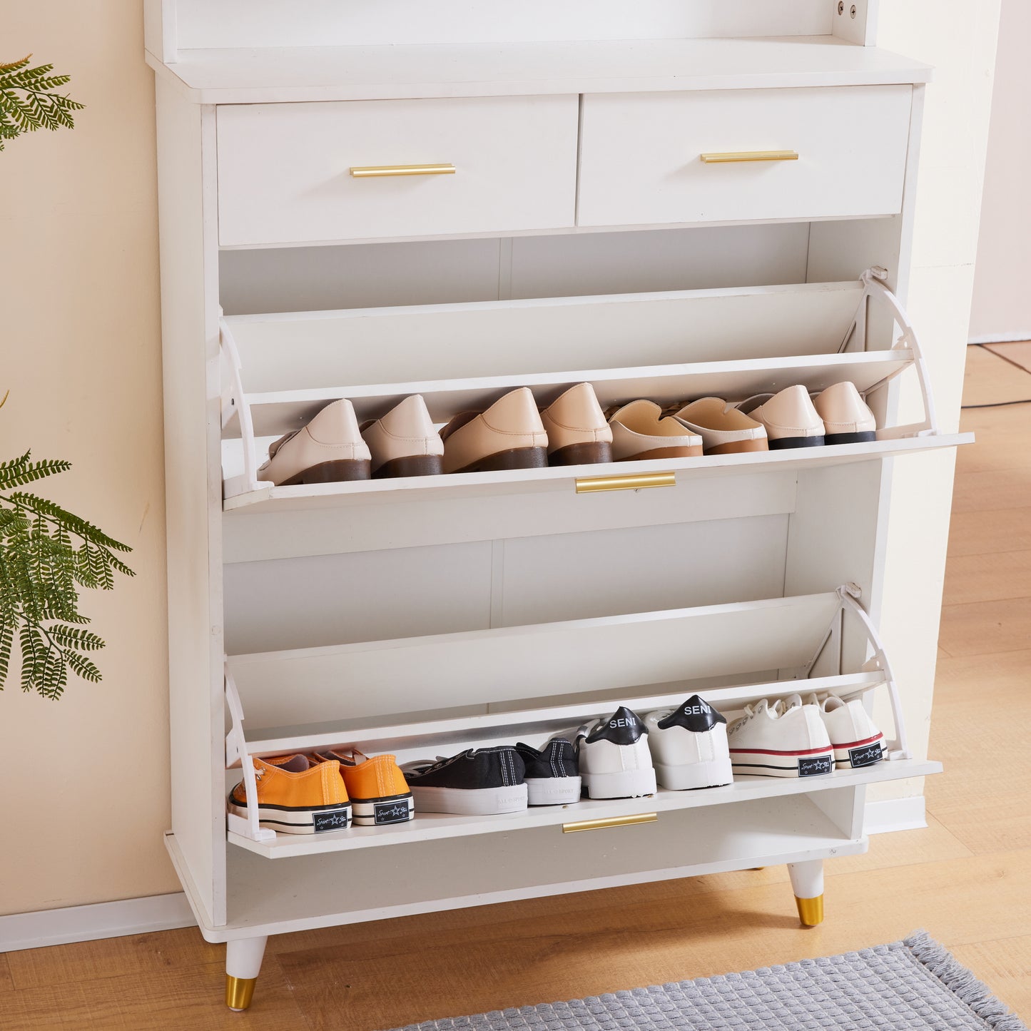 Entryway Bedroom Armoire,Shoe Cabinet,Wardrobe Armoire Closet, Drawers and Shelves,  Handles,  Hanging Rod, white