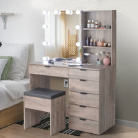 Particleboard Triamine Veneer 6 Drawers 2 Shelves 3 Light Bulbs Mirror Cabinet Dressing Table Set