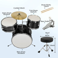 14"x10" 3-Pieces Junior Kids Drum Set Kit Pedal Drum Stick Wrench Drum Stool Black