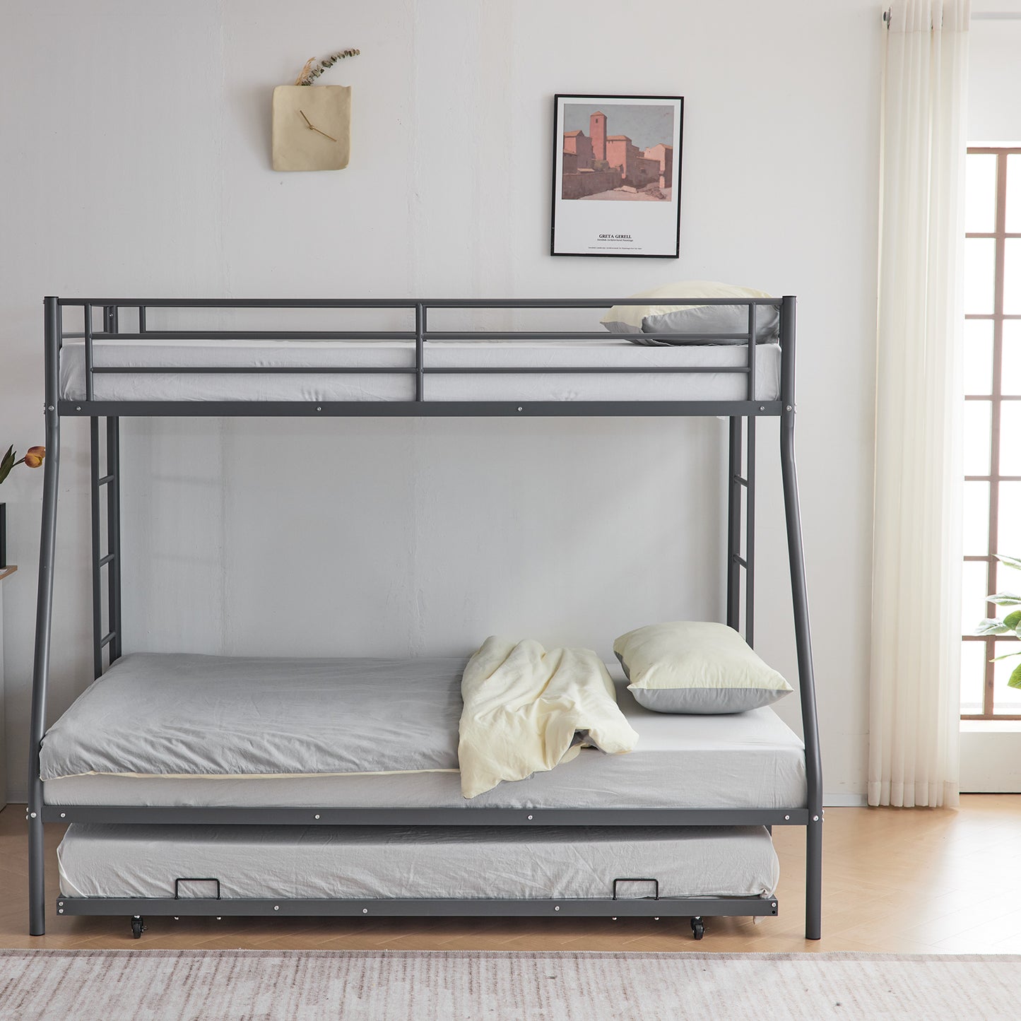 Twin Over Full Bunk Bed with Trundle, Triple Bunk Beds for Kids Teens Adults, Metal Bunk Bed with Two Side Ladder and Guardrails, Grey