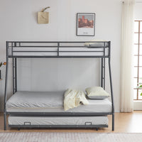 Twin Over Full Bunk Bed with Trundle, Triple Bunk Beds for Kids Teens Adults, Metal Bunk Bed with Two Side Ladder and Guardrails, Grey