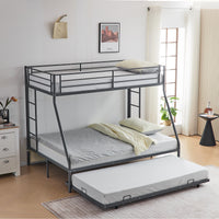 Twin Over Full Bunk Bed with Trundle, Triple Bunk Beds for Kids Teens Adults, Metal Bunk Bed with Two Side Ladder and Guardrails, Grey