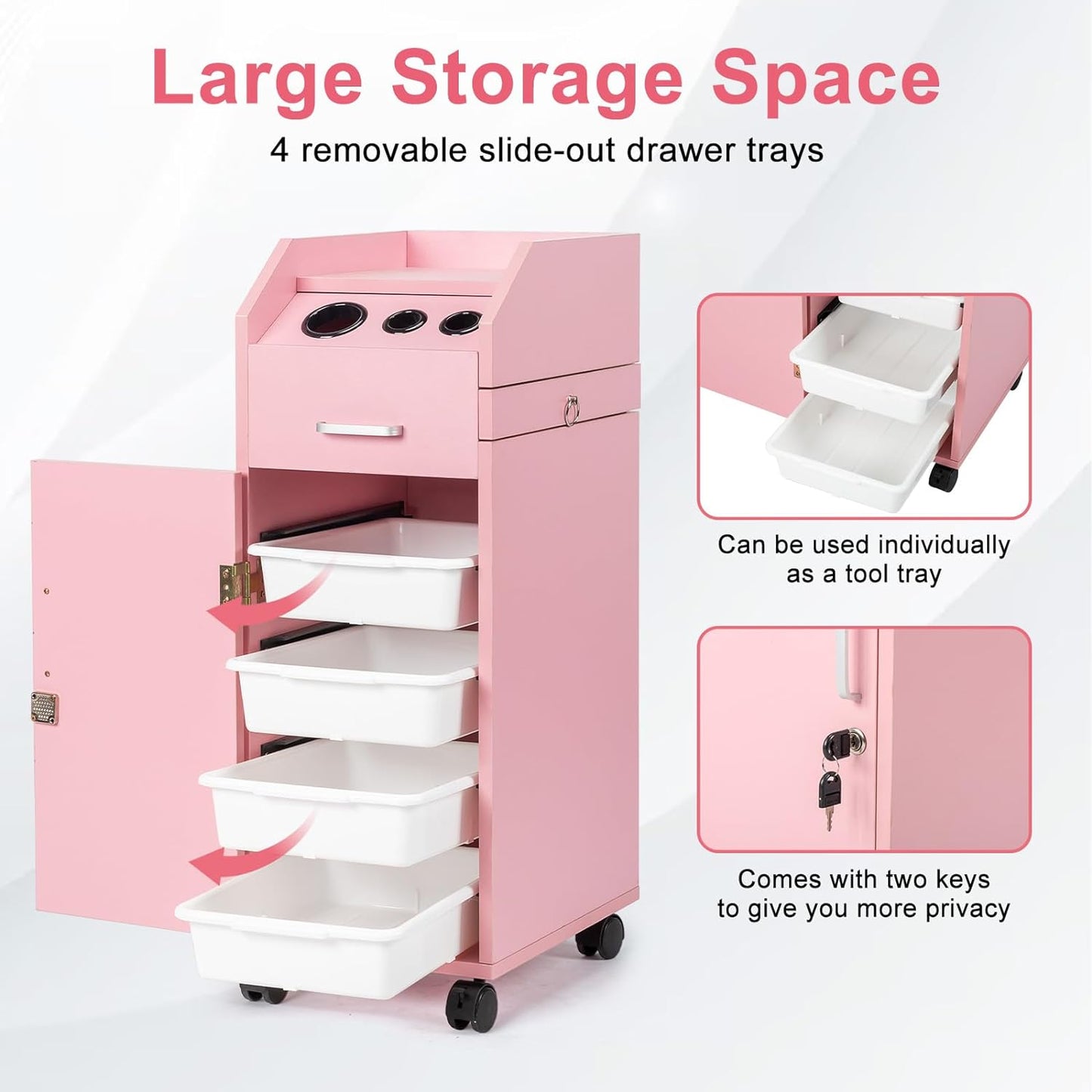 Hair Salon Storage Cart with Wheels & 3 Hair Dryer Holders & 4 Drawers & Lock & 2 Keys, Hairdressing Tools Station Mobile Makeup Case pink