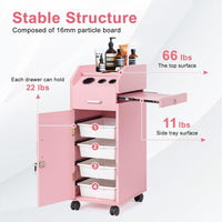 Hair Salon Storage Cart with Wheels & 3 Hair Dryer Holders & 4 Drawers & Lock & 2 Keys, Hairdressing Tools Station Mobile Makeup Case pink