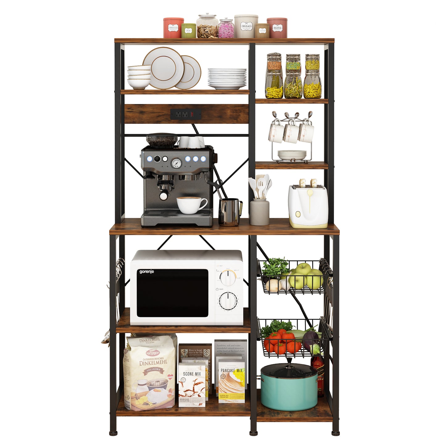 6 layers with strips and 10 S hooks, microwave oven rack, particle board with melamine paste, 96.8*40*170cm, retro brown plate, black