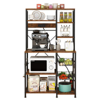 6 layers with strips and 10 S hooks, microwave oven rack, particle board with melamine paste, 96.8*40*170cm, retro brown plate, black