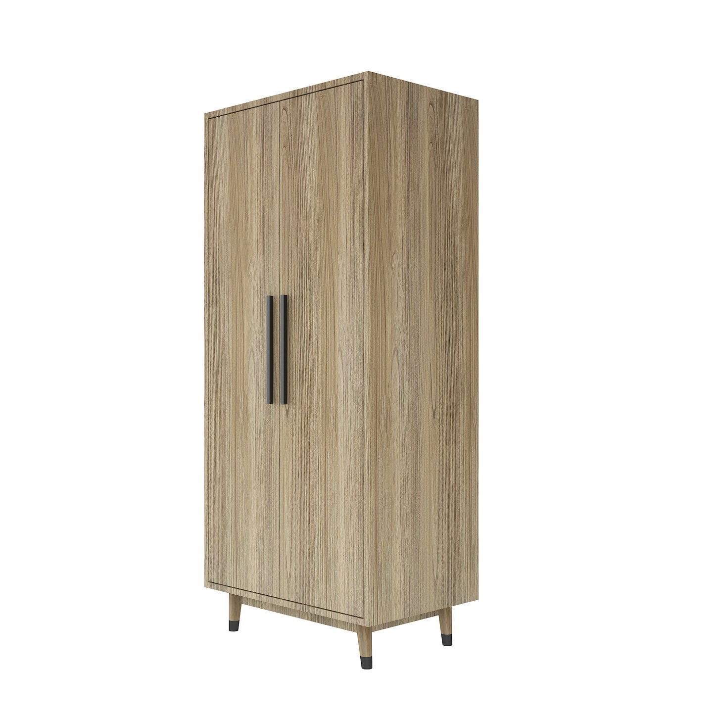 Density board pasted with triamine 9398-1 oak color black copper feet 2 doors with hanging single rod wooden wardrobe