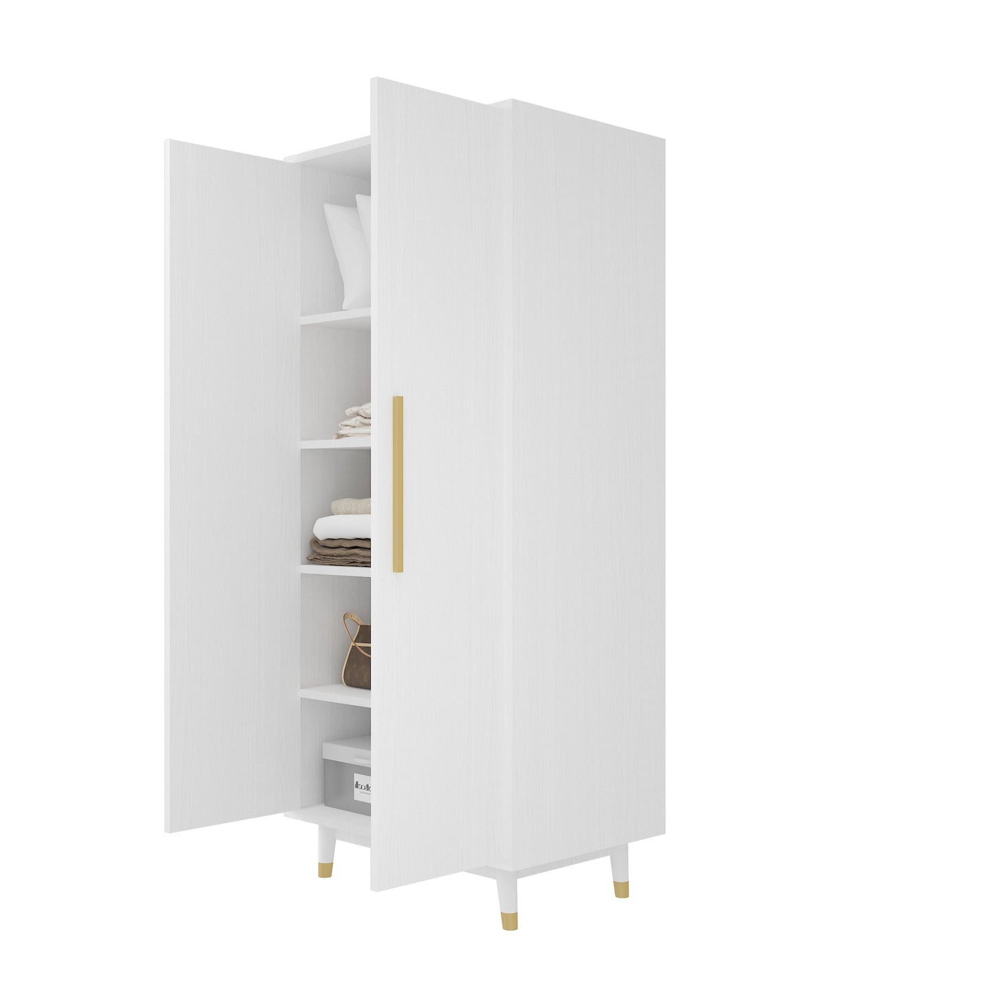 Density board pasted with triamine, white, golden copper feet, 2 doors, with hanging single rod, wooden wardrobe