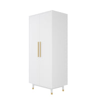 Density board pasted with triamine, white, golden copper feet, 2 doors, with hanging single rod, wooden wardrobe