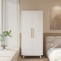 Density board pasted with triamine, white, golden copper feet, 2 doors, with hanging single rod, wooden wardrobe