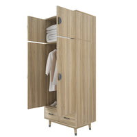 Density board pasted with triamine 9398-1 oak color black copper feet 4 doors 2 drawers with clothes rail wooden wardrobe