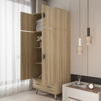 Density board pasted with triamine 9398-1 oak color black copper feet 4 doors 2 drawers with clothes rail wooden wardrobe