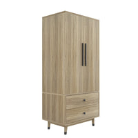 Density board pasted with triamine 9398-1 oak color black copper feet 2 doors 2 drawers with clothes rail wooden wardrobe