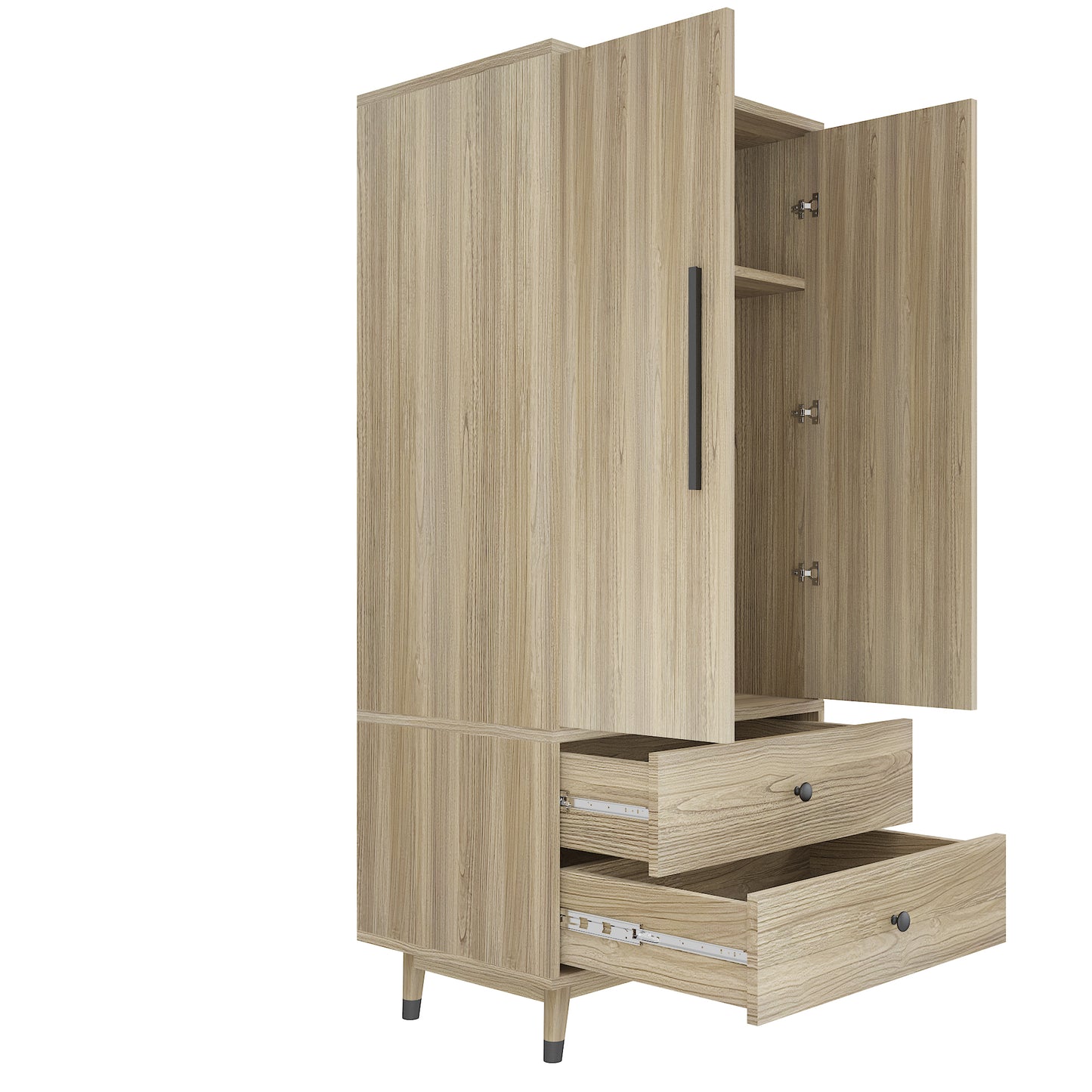 Density board pasted with triamine 9398-1 oak color black copper feet 2 doors 2 drawers with clothes rail wooden wardrobe