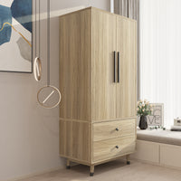 Density board pasted with triamine 9398-1 oak color black copper feet 2 doors 2 drawers with clothes rail wooden wardrobe