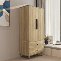 Density board pasted with triamine 9398-1 oak color black copper feet 2 doors 2 drawers with clothes rail wooden wardrobe