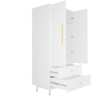 Density board pasted with triamine, white, golden copper feet, 2 doors, 2 drawers, with clothes rail, wooden wardrobe