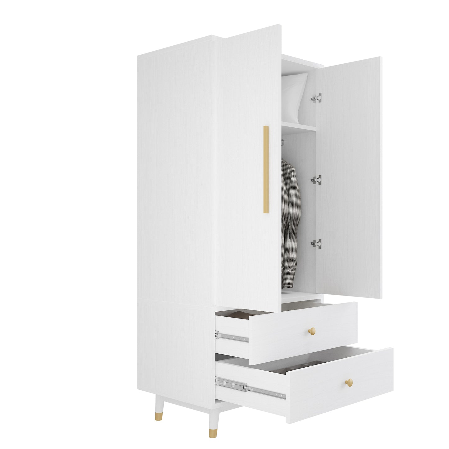 Density board pasted with triamine, white, golden copper feet, 2 doors, 2 drawers, with clothes rail, wooden wardrobe