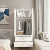 Density board pasted with triamine, white, golden copper feet, 2 doors, 2 drawers, with clothes rail, wooden wardrobe