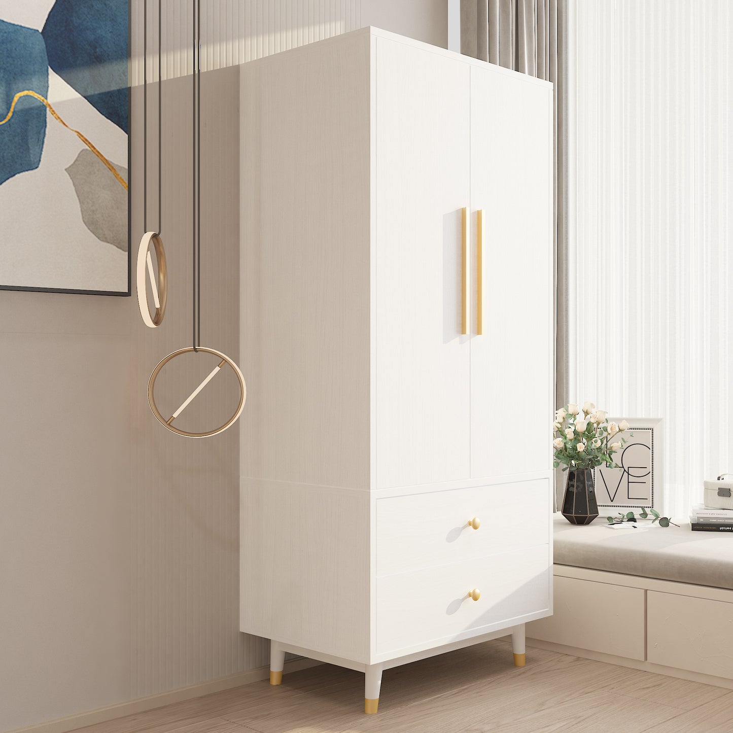 Density board pasted with triamine, white, golden copper feet, 2 doors, 2 drawers, with clothes rail, wooden wardrobe