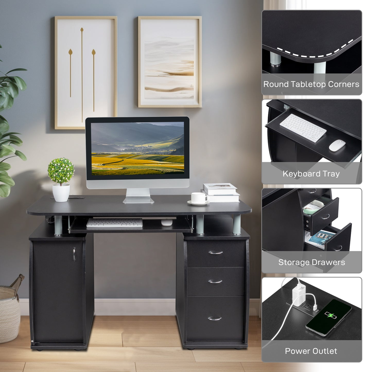 [Old code:68582160]FCH  115* 55*74cm  Black PB Wood 15mm Portable 1pc Door with 3pcs Drawers Computer Desk