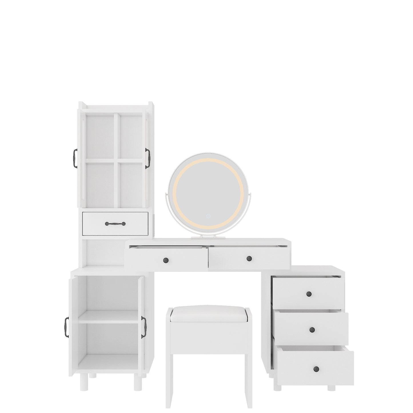 Modern Makeup Vanity Table Set with Side Cabinet and Nightstand and LED Mirror, Retractable Dressing Table with Power Outlets, 3 Light Colors