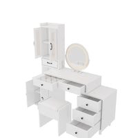 Modern Makeup Vanity Table Set with Side Cabinet and Nightstand and LED Mirror, Retractable Dressing Table with Power Outlets, 3 Light Colors