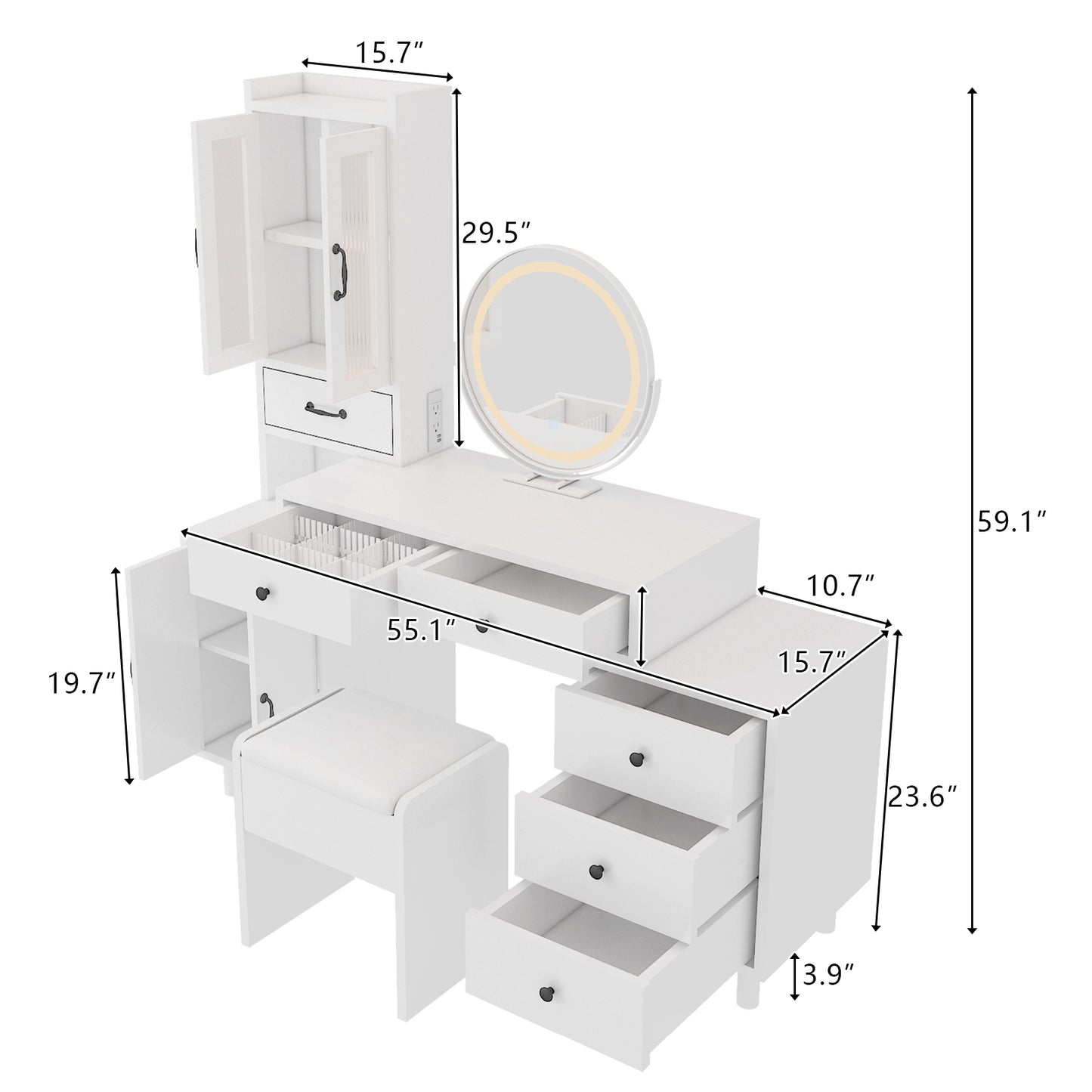 Modern Makeup Vanity Table Set with Side Cabinet and Nightstand and LED Mirror, Retractable Dressing Table with Power Outlets, 3 Light Colors