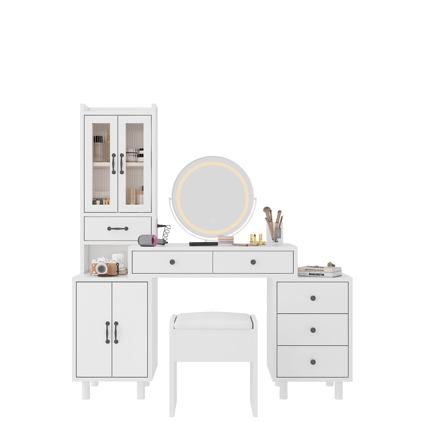 Modern Makeup Vanity Table Set with Side Cabinet and Nightstand and LED Mirror, Retractable Dressing Table with Power Outlets, 3 Light Colors