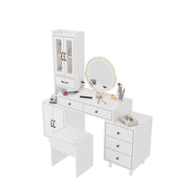 Modern Makeup Vanity Table Set with Side Cabinet and Nightstand and LED Mirror, Retractable Dressing Table with Power Outlets, 3 Light Colors