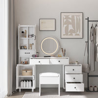 Modern Makeup Vanity Table Set with Side Cabinet and Nightstand and LED Mirror, Retractable Dressing Table with Power Outlets, 3 Light Colors