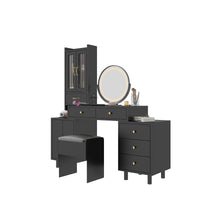 Modern Makeup Vanity Table Set with Side Cabinet and Nightstand and LED Mirror, Retractable Dressing Table with Power Outlets, 3 Light Colors