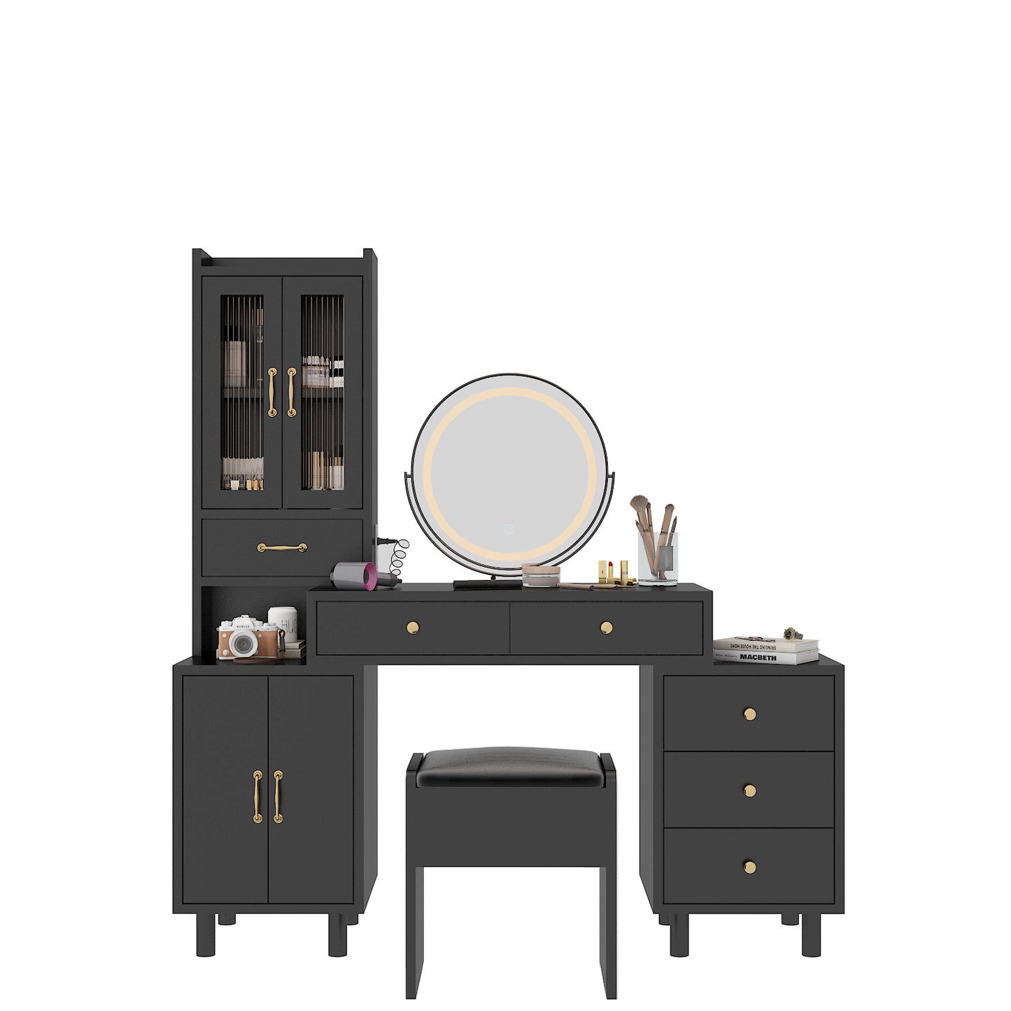 Modern Makeup Vanity Table Set with Side Cabinet and Nightstand and LED Mirror, Retractable Dressing Table with Power Outlets, 3 Light Colors