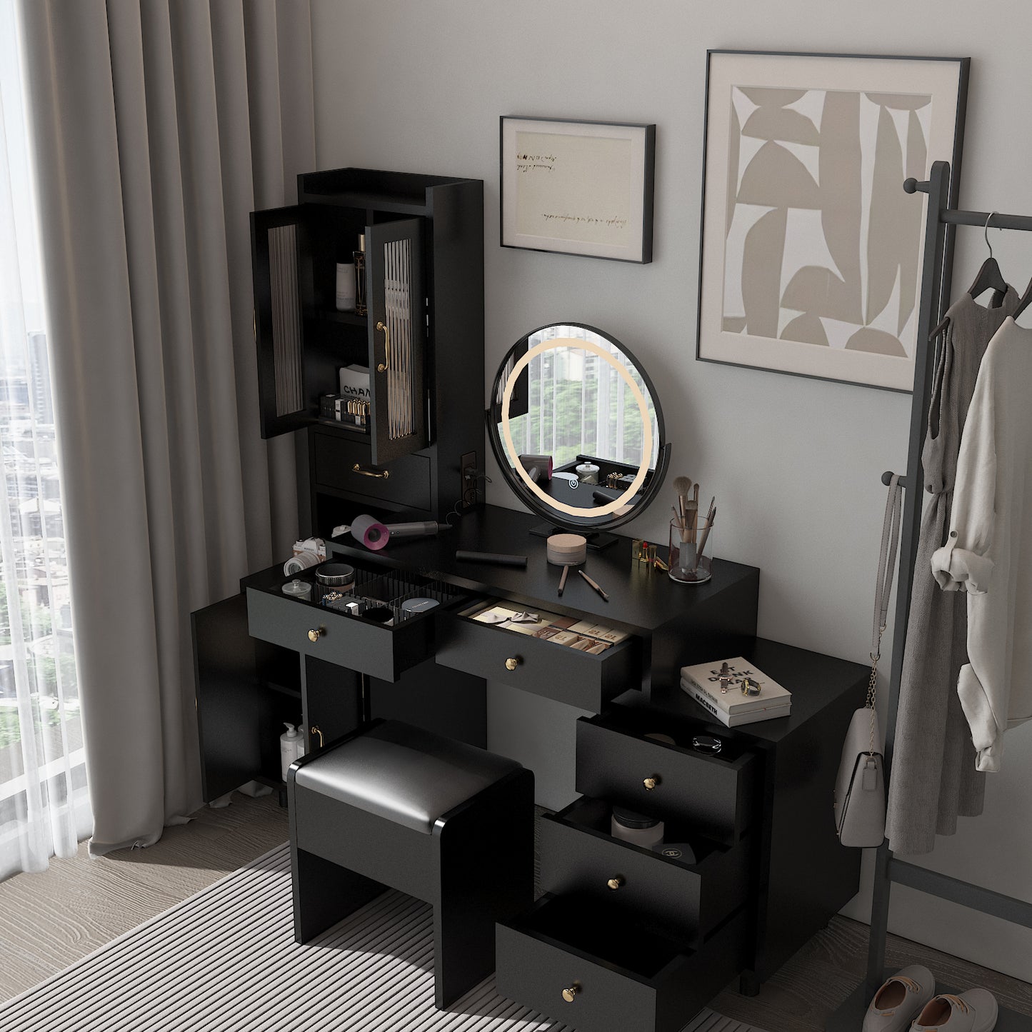 Modern Makeup Vanity Table Set with Side Cabinet and Nightstand and LED Mirror, Retractable Dressing Table with Power Outlets, 3 Light Colors