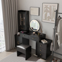 Modern Makeup Vanity Table Set with Side Cabinet and Nightstand and LED Mirror, Retractable Dressing Table with Power Outlets, 3 Light Colors