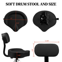 Drum Throne with Backrest, Hydraulic Drum Stool Adjustable Height, Heavy Duty Hydraulic Drum Seat Saddle Design for Drummers Black