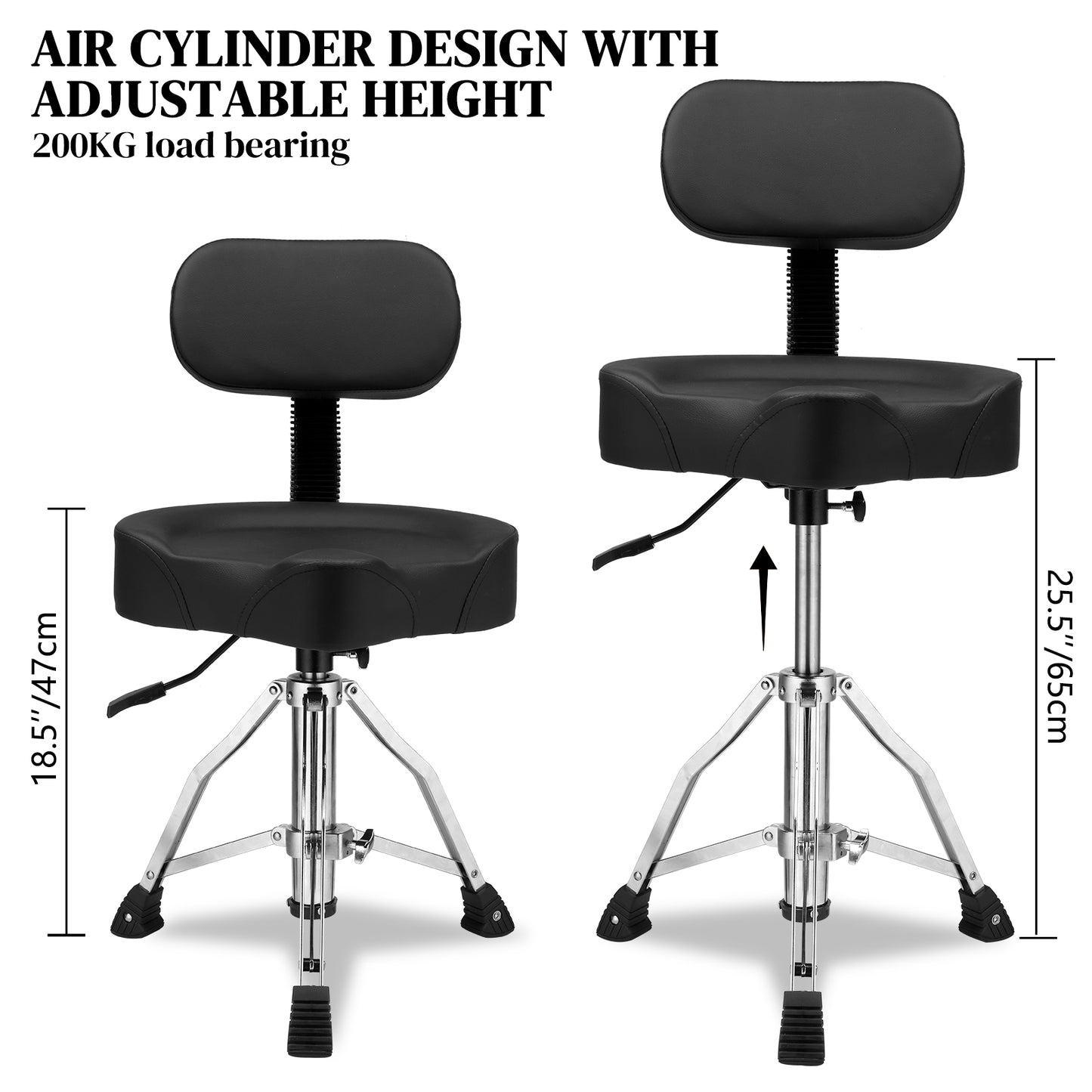 Drum Throne with Backrest, Hydraulic Drum Stool Adjustable Height, Heavy Duty Hydraulic Drum Seat Saddle Design for Drummers Black