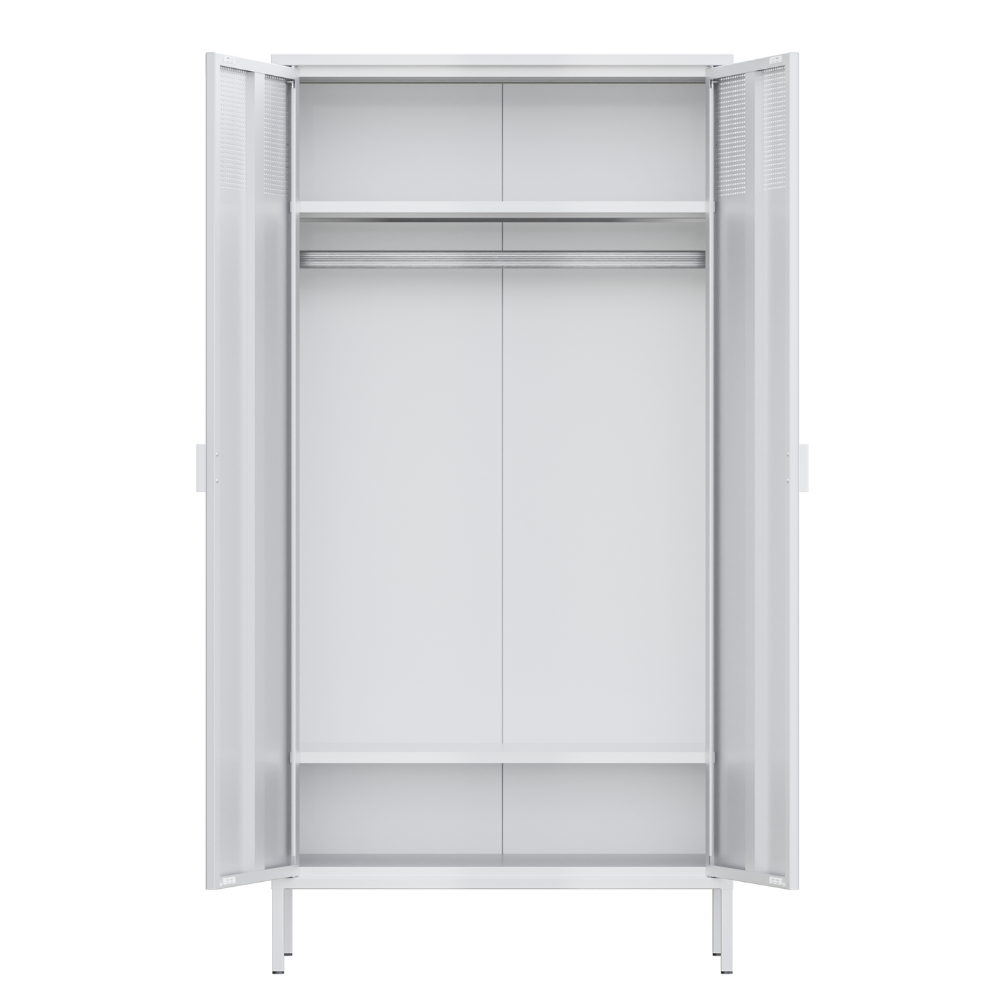 There are air holes above the door of the white wardrobe, and a storage layer (the height of the layer board can be adjusted) above and below the inside to fix the hanger bar